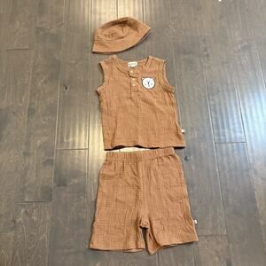 Bearpaw Kids 3 Piece Outfit Set 4T Muslin Tank Shorts Hat‎ Bear Patch Toddler